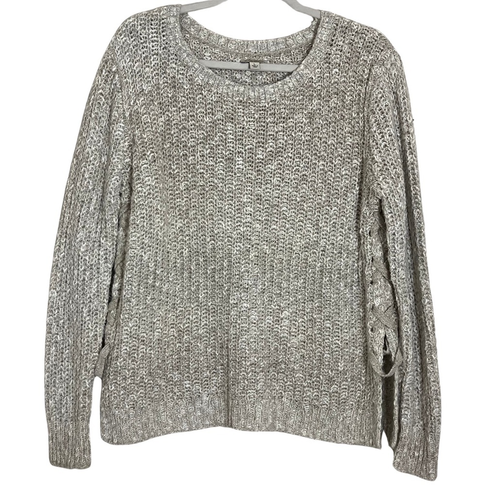 Lucky Brand Knit Oatmeal Sweater Size Large Boho Neutral Side Lace‎ Casual